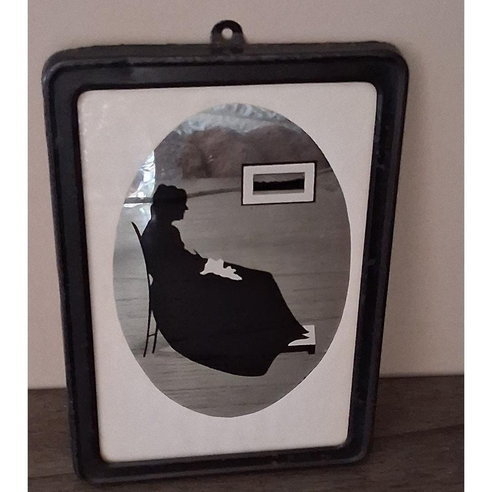 Vintage Whistler's Mother Silhouette Mirror Wall Plaque MCM Black Oval Mirror